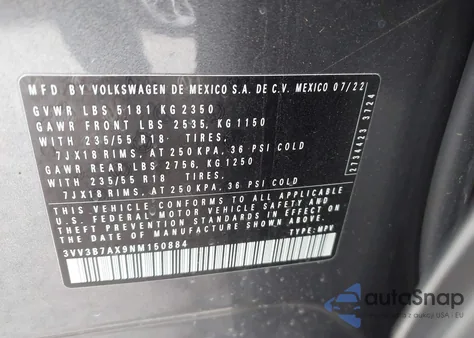 2022 Volkswagen Tiguan 2.0T Se from USA, damaged, VIN 3VV3B7AX9NM150884